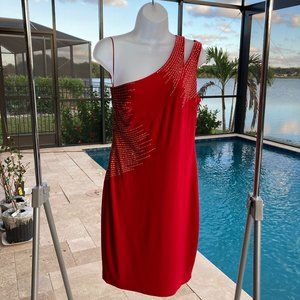 Elegant One Shoulder Sexy Red Dress With Gold Stud Detail Size 10 M Cache